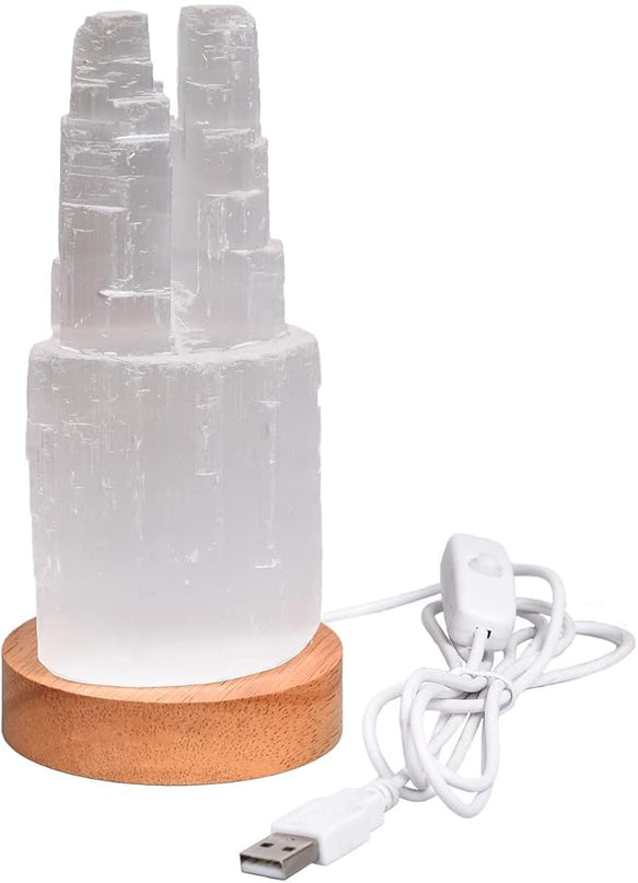 JIC Gem USB Selenite Lamp Twin Tower Healing Crystal Lamp Natural Selenite Skyscraper Lamp 6 Inch with Wooden LED Light Stand Base - LeafyLoom