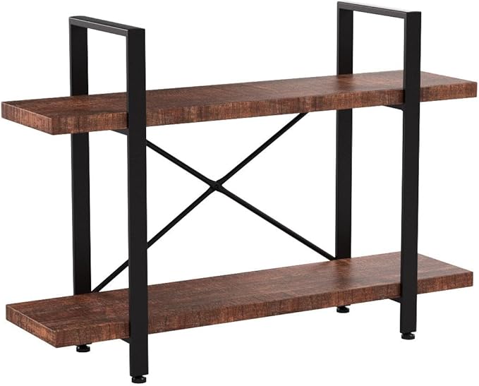 HSH Natural Real Wood Bookshelf, 2 Tier Small Rustic Vintage Industrial Etagere Bookcase, Low Open Metal Farmhouse Solid Wooden Book Shelf, 2 Shelf Bookcase for Living Room Bedroom, Distressed Brown - LeafyLoom