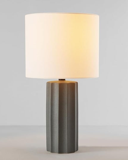 Globe Electric 61000061 20" Ribbed Ceramic Table Lamp, Dark Gray Concrete Finish, White Linen Shade, On/Off Rotary Switch on Socket, for Living Room, Bedroom, Office, Home Décor - LeafyLoom