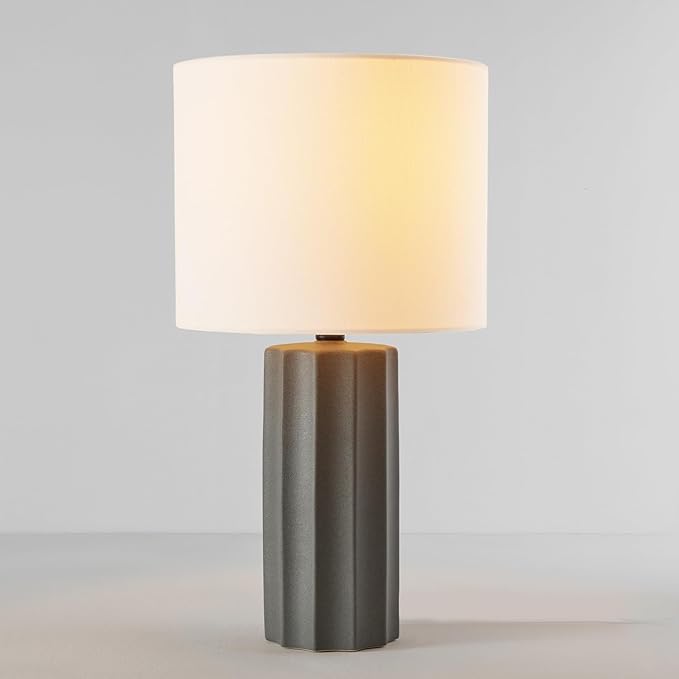 Globe Electric 61000061 20" Ribbed Ceramic Table Lamp, Dark Gray Concrete Finish, White Linen Shade, On/Off Rotary Switch on Socket, for Living Room, Bedroom, Office, Home Décor - LeafyLoom