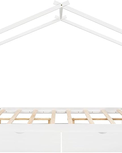 Full Size Bed Frame with Headboard and Footboard, Low House Bed/Full Bed Frame with Storage Drawer, Wood Bed Frame for Kids, Girls, Boys (White Drawer, Full) - LeafyLoom
