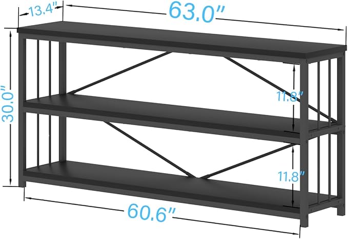 IBF 63" Black Low Horizontal Bookcase, Modern Long Wood Metal 3 Tier Book Shelf, Farmhouse Vintage Big open sturdy Bookshelf, Simple Large Wide Etagere for home living room office bedroom, Black Oak - LeafyLoom