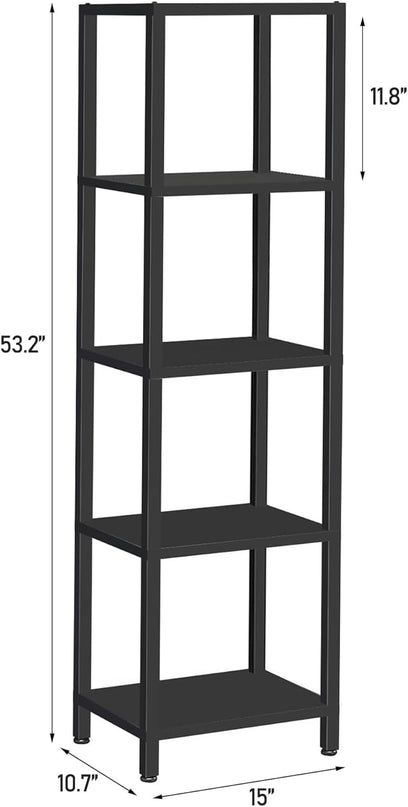 TUTOTAK Bookshelf, 5-Tier Tall Book Shelf, Narrow Bookcase for Small Space, DIY Stackable Bookshelf, for Living Room, Office, Study, Entryway, Industrial, Black BS01BK005 - LeafyLoom