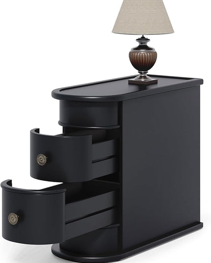 End Table, Black Wooden Side Table with 2 Drawers, No Assembly Required Sofa Side Table, Closed Back, Vintage Slim Nightstand Bedside Table for Bedroom - LeafyLoom