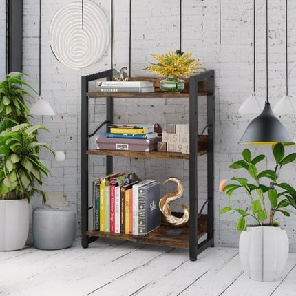 Book Shelf Small Bookshelf: 3-Tier Wood Bookcase Industrial Bookshelf with Edge Protection Metal Narrow Bookshelves Storage Organizer Display Rack for Bedroom Home Office (Rustic Brown) - LeafyLoom