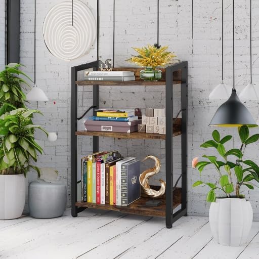 Book Shelf Small Bookshelf: 3-Tier Wood Bookcase Industrial Bookshelf with Edge Protection Metal Narrow Bookshelves Storage Organizer Display Rack for Bedroom Home Office (Rustic Brown) - LeafyLoom