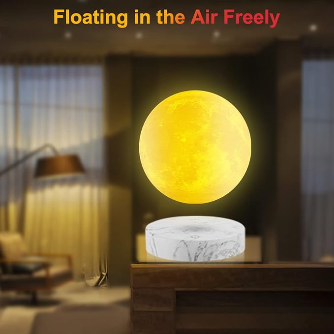 VGAzer Levitating Moon Lamp,Floating and Spinning in Air Freely with 3D Printing LED Moon Light Has 3 Colors for Unique Christmas Gifts,Room Decor (Marble Base 3 Colors) - LeafyLoom