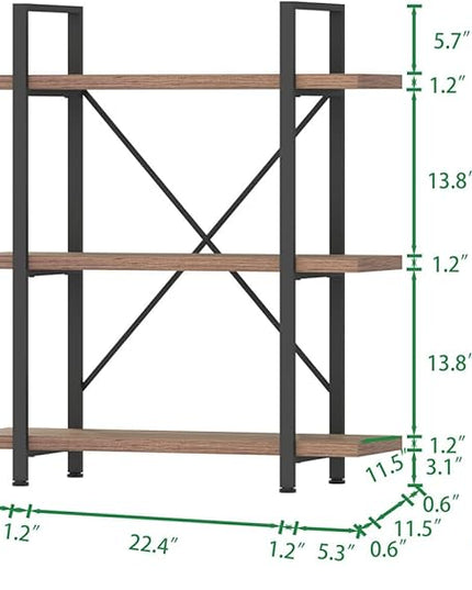 HSH Industrial 3 Tier Book Shelf, Modern Small Wood and Metal 3 Shelf Bookcase Etagere, Farmhouse Open Low 3 Tier Bookshelf and Display Storage Shelves for Bedroom Living Room Office, Rustic Oak - LeafyLoom