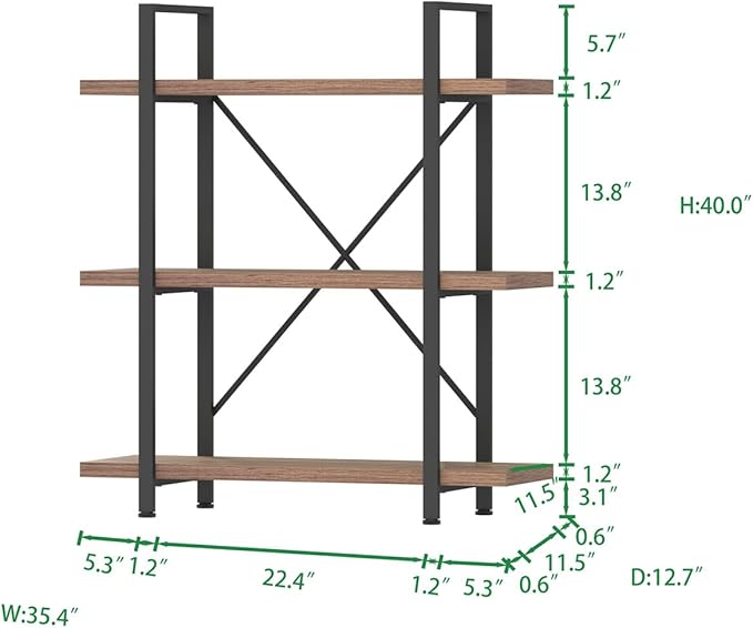 HSH Industrial 3 Tier Book Shelf, Modern Small Wood and Metal 3 Shelf Bookcase Etagere, Farmhouse Open Low 3 Tier Bookshelf and Display Storage Shelves for Bedroom Living Room Office, Rustic Oak - LeafyLoom