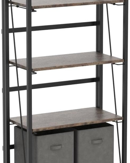 4NM No-Assembly Folding Bookshelf Storage Shelves 4 Tiers Vintage Bookcase Standing Racks Study Organizer Home Office (Rustic Brown and Black) - LeafyLoom