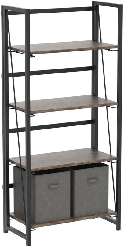 4NM No-Assembly Folding Bookshelf Storage Shelves 4 Tiers Vintage Bookcase Standing Racks Study Organizer Home Office (Rustic Brown and Black) - LeafyLoom