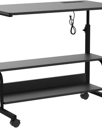 Height Adjustable Standing Desk with Power Outlets, 32" Manual Stand Up Desk with Storage Shelves Small Mobile Rolling Computer Desk Portable Laptop Table with Wheels for Home Office, Black - LeafyLoom