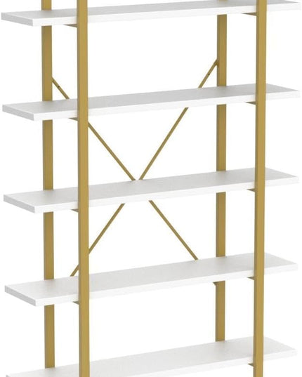 HSH 5 Tier White and Gold Bookshelf, Tall Storage Bookshelves for Bedroom Living Room Office, Metal and Wood Large Book Shelves, Modern Vertical 5 Shelf Bookcase, Farmhouse Big Open Display Book Shelf - LeafyLoom