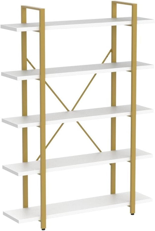 HSH 5 Tier White and Gold Bookshelf, Tall Storage Bookshelves for Bedroom Living Room Office, Metal and Wood Large Book Shelves, Modern Vertical 5 Shelf Bookcase, Farmhouse Big Open Display Book Shelf - LeafyLoom
