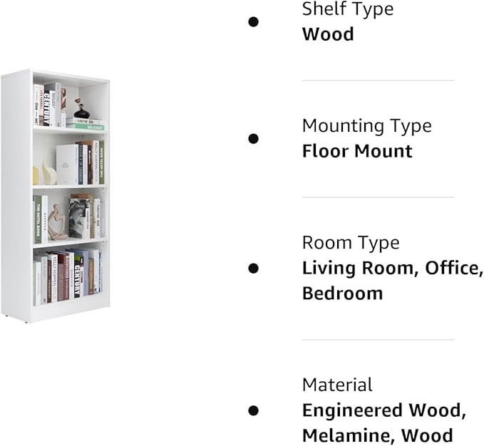 Sunon 4 Shelf Wood Bookcase Freestanding Display Shelf Adjustable Layers Bookshelf for Home Office Library Small Narrow Space (White, 4-Layers) - LeafyLoom