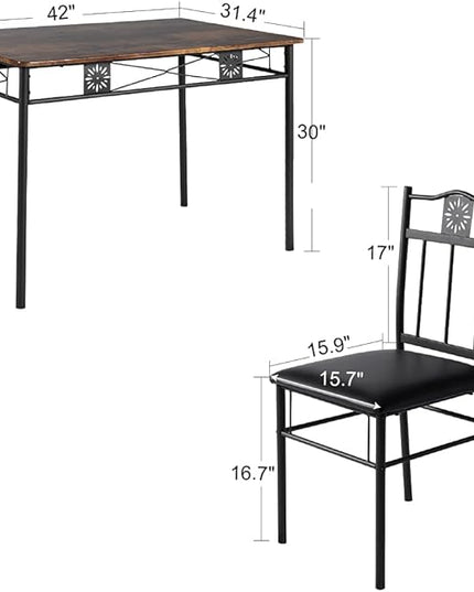 VECELO Kitchen Dining Room Table Sets for 4, 5 Piece Metal and Wood Rectangular Breakfast Nook, Dinette with Chairs, Retro-brown, 42.1" - LeafyLoom