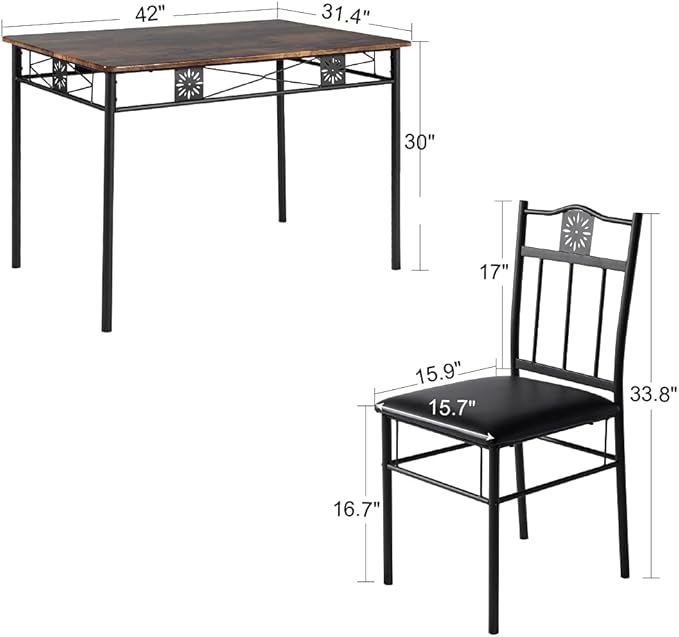 VECELO Kitchen Dining Room Table Sets for 4, 5 Piece Metal and Wood Rectangular Breakfast Nook, Dinette with Chairs, Retro-brown, 42.1" - LeafyLoom