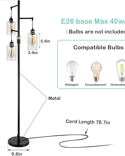 Airposta Industrial Floor Lamp with On/Off Dimmable Switch, 3-Head Rustic Tree Standing Lamp, Edison Bulb 40W Retro Tall Glass Floor Light for Living Room, Reading, Office, Bedroom, Black - LeafyLoom