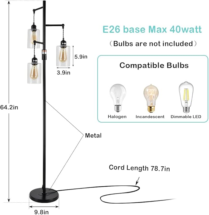 Airposta Industrial Floor Lamp with On/Off Dimmable Switch, 3-Head Rustic Tree Standing Lamp, Edison Bulb 40W Retro Tall Glass Floor Light for Living Room, Reading, Office, Bedroom, Black - LeafyLoom