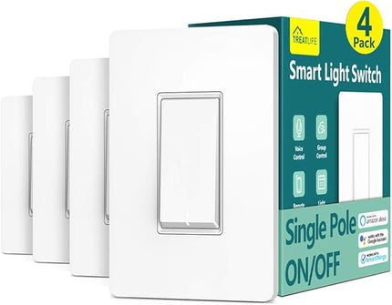 TREATLIFE Smart Light Switch Single Pole Works with Alexa, Google Home and SmartThings, 2.4GHz WiFi Timer Smart Switch, Neutral Wire Required, No Hub Required, FCC Listed, 4 Pack TREATLIFE