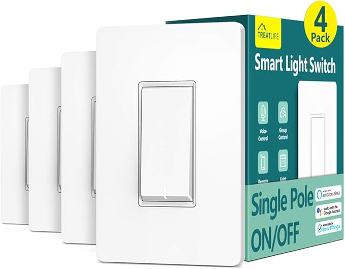 TREATLIFE Smart Light Switch Single Pole Works with Alexa, Google Home and SmartThings, 2.4GHz WiFi Timer Smart Switch, Neutral Wire Required, No Hub Required, FCC Listed, 4 Pack TREATLIFE