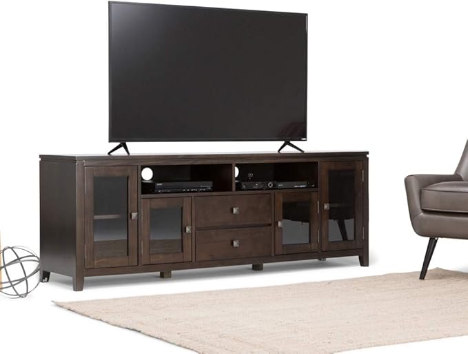 SIMPLIHOME Cosmopolitan SOLID WOOD Universal TV Media Stand, 72 inch Wide, Contemporary, Living Room Entertainment Center with Storage, for Flat Screen TVs up to 80 inches in Mahogany Brown - LeafyLoom