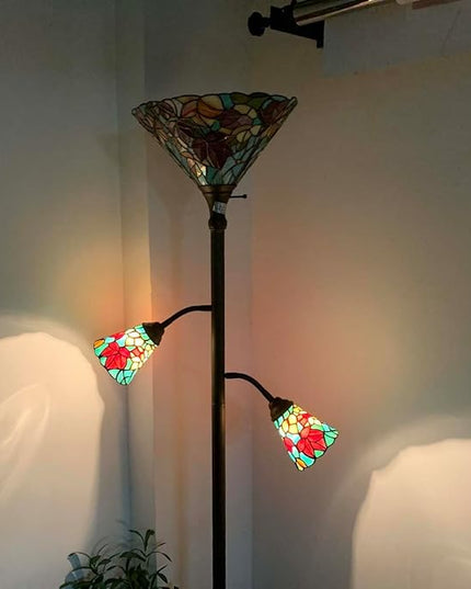 Bieye L10884 Maple Tree Leaves Tiffany Style Stained Glass Torchiere Floor Lamp with Sidelights for Reading Home Decor, 70-inches Tall (Maple Leaf, Red) - LeafyLoom