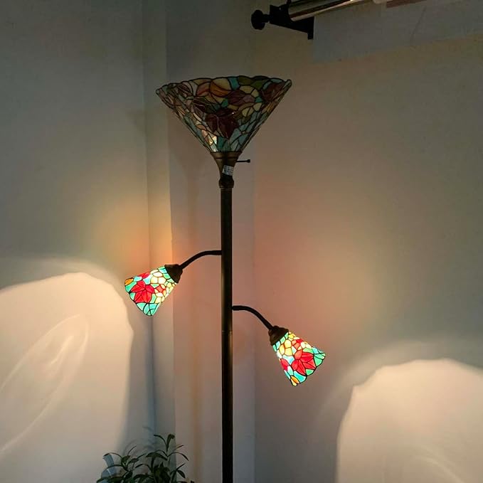 Bieye L10884 Maple Tree Leaves Tiffany Style Stained Glass Torchiere Floor Lamp with Sidelights for Reading Home Decor, 70-inches Tall (Maple Leaf, Red) - LeafyLoom
