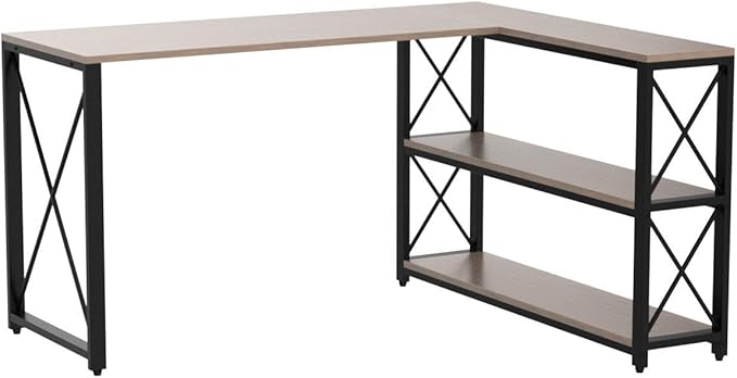Tribesigns Reversible Industrial L-Shaped Desk with Storage Shelves, Corner Computer Desk PC Laptop Study Table Workstation for Home Office Small Space (Grey, 53") - LeafyLoom