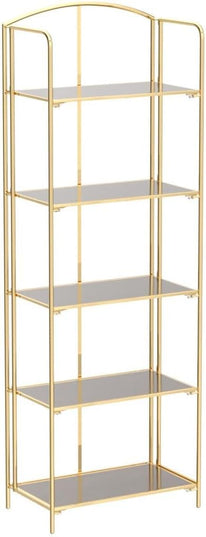 No Assembly Folding Bookshelf, 5 Tier Gold Bookshelf, Metal Book Shelf for Storage, Folding Bookcase for Office Organization and Storage, 12.87" D x 22.91" W x 68.1" H - LeafyLoom