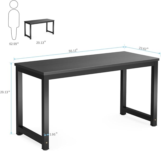 Tribesigns Computer Desk, 55 inch Large Office Desk Computer Table Study Writing Desk for Home Office, Black + Black Leg - LeafyLoom