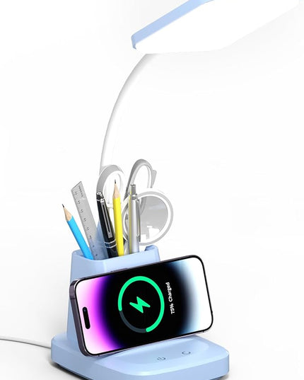 LED Desk Lamp for Home Office, Touch Table Lamp with Wireless Charger 3 Color Modes 360 Adjustable Arm, Dimmable Desk Light with Pen Phone Holder for College Dorm Room, Blue - LeafyLoom