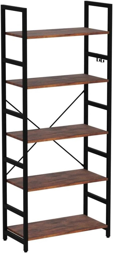 Yoobure 5 Tier Bookshelf - Tall Book Shelf Modern Bookcase for CDs/Movies/Books, Rustic Book Case Industrial Bookshelves Book Storage Organizer for Bedroom Home Office Living Room Brown - LeafyLoom
