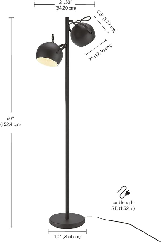 Globe Electric 67518 61" 2-Light Floor, Matte, Adjustable Lamp Heads, in-Line On Off Foot Switch, Miles (Black) - LeafyLoom