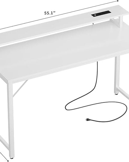 55 inch Computer Desk with Power Outlets, Office Desk Gaming desk with LED Lights, Home Office Desk with Monitor Shelf, Modern Work Desk Study Writing Table for Bedroom, White - LeafyLoom
