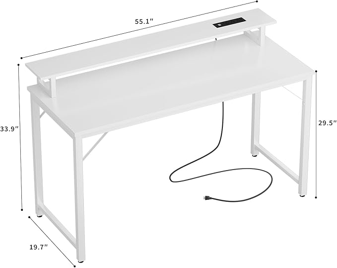 55 inch Computer Desk with Power Outlets, Office Desk Gaming desk with LED Lights, Home Office Desk with Monitor Shelf, Modern Work Desk Study Writing Table for Bedroom, White - LeafyLoom