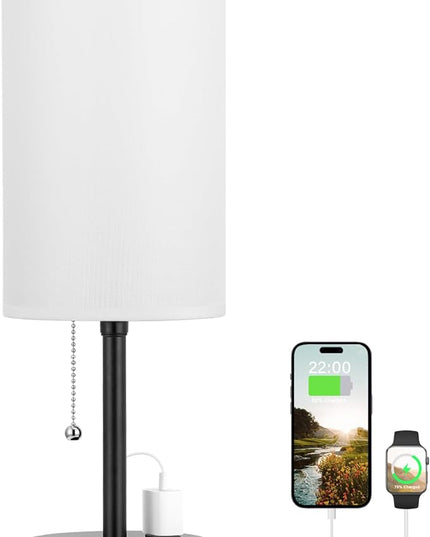 Dicoool 18Inch Tall Bedroom Lamps with USB C and A Ports 3 Color Temperatures - Pull Chain White Nightstand Bedside Table Lamp with AC Outlet, Side Lamp for Living Room End Table - LeafyLoom