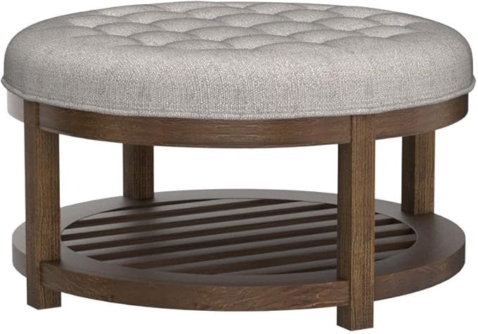 24KF Large Round Upholstered Tufted Linen Ottoman Coffee Table, Large Footrest Ottoman with Wood Shelf Storage-Iinen - LeafyLoom