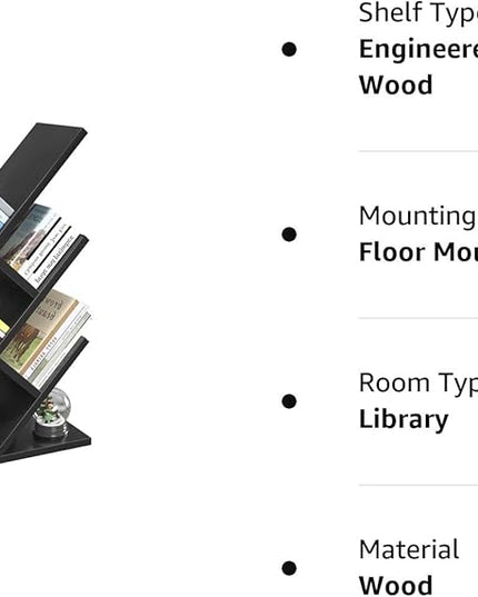 Topfurny Tree Bookshelf, 4-Tier Book Storage Organizer Shelves Floor Standing Bookcase, Wood Storage Rack for Office Home School Shelf Display for Cd/Magazine/Book -Black - LeafyLoom