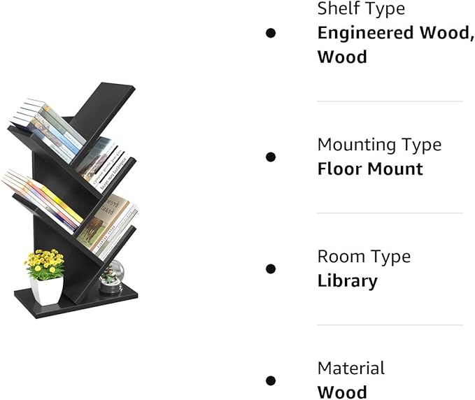 Topfurny Tree Bookshelf, 4-Tier Book Storage Organizer Shelves Floor Standing Bookcase, Wood Storage Rack for Office Home School Shelf Display for Cd/Magazine/Book -Black - LeafyLoom