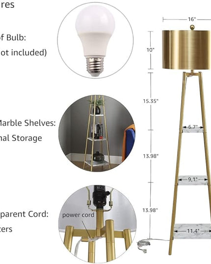 Floor Lamp, Standing Reading Light with Shelves and Gold Shade, Modern Tall Pole Lamp, Accent Furniture Décor Lighting for Living Room, Bedrooms - LeafyLoom
