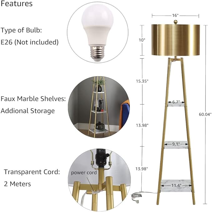 Floor Lamp, Standing Reading Light with Shelves and Gold Shade, Modern Tall Pole Lamp, Accent Furniture Décor Lighting for Living Room, Bedrooms - LeafyLoom