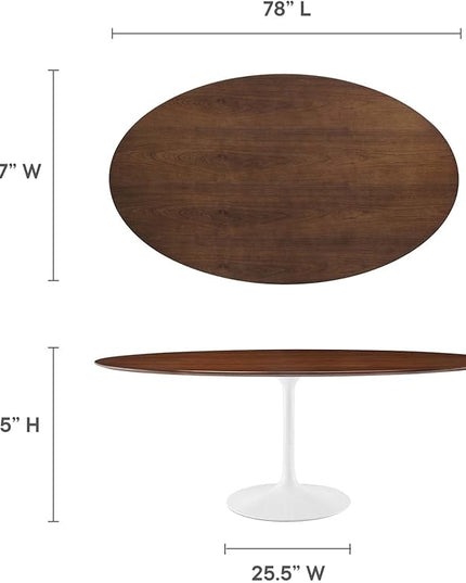Modway Lippa 78" Modern Kitchen and Dining Table with Oval Walnut Top and Pedestal Base in Walnut - LeafyLoom