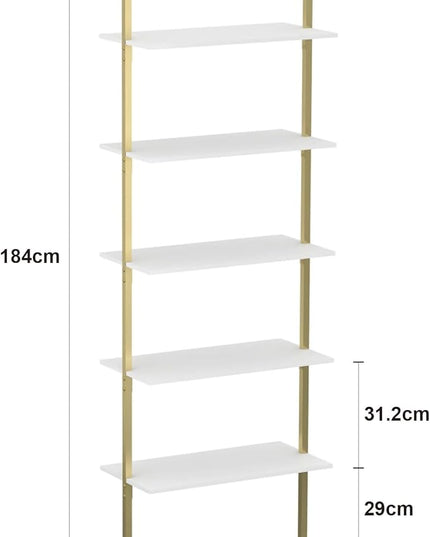 Panana Industrial 5 Tier Ladder Shelf, Open Space Book Shelf Wall Mount Bookshelf with Metal Frame Sturdy Bookcase for Living Room (White, 5 Tier) - LeafyLoom
