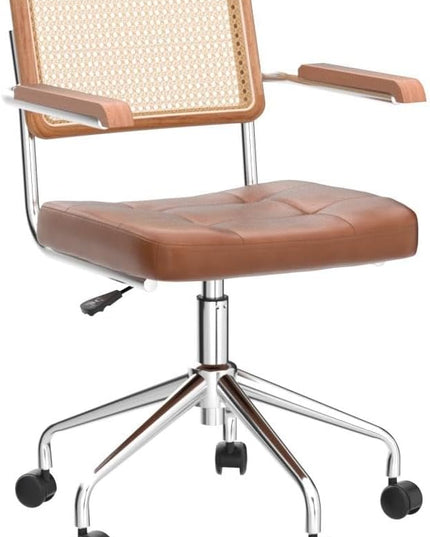 Zesthouse Modern Home Office Chair Leather Desk Chair with Natural Rattan Back, Vanity Chair for Girls Women, Upholstered Tufted Swivel Armchair, Height Adjustable Computer Task Chair - LeafyLoom