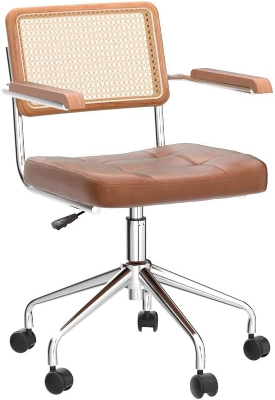 Zesthouse Modern Home Office Chair Leather Desk Chair with Natural Rattan Back, Vanity Chair for Girls Women, Upholstered Tufted Swivel Armchair, Height Adjustable Computer Task Chair - LeafyLoom