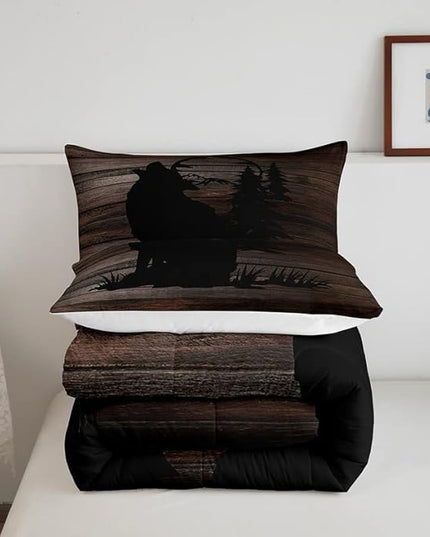 Cute Wolf Comforter Set for Girls Kids Wolves Howling Bedding Set Room DecorAnimal Wolves Tree Wood Grain Bedding Set Brown Black Duvet Set 3Pcs with 2 Pillow Case Full Size Boys - LeafyLoom