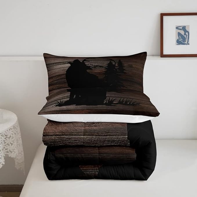 Cute Wolf Comforter Set for Girls Kids Wolves Howling Bedding Set Room DecorAnimal Wolves Tree Wood Grain Bedding Set Brown Black Duvet Set 3Pcs with 2 Pillow Case Full Size Boys - LeafyLoom