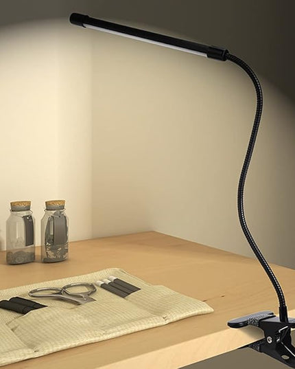 Meichoon Desk Lamp with Clamp Desktop Clip-On LED Illuminating Light Flexible Metal Hose Eye-Caring Table Lamp for Bedroom Bedside Office Study Work Reading Embroidery UK10 Black - LeafyLoom