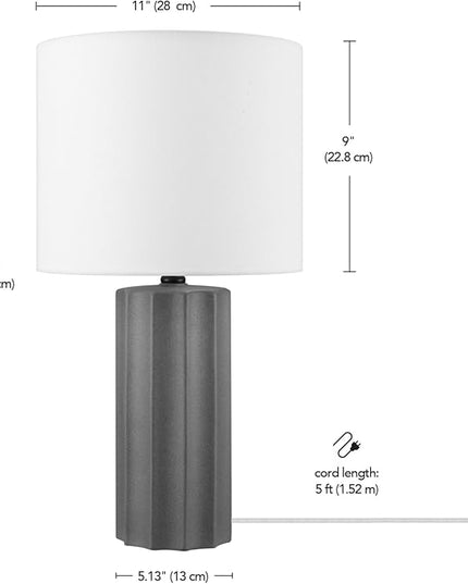Globe Electric 61000061 20" Ribbed Ceramic Table Lamp, Dark Gray Concrete Finish, White Linen Shade, On/Off Rotary Switch on Socket, for Living Room, Bedroom, Office, Home Décor - LeafyLoom